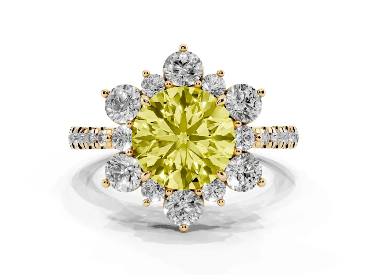 Fancy Yellow Round Cut Diamond Floral Halo Ring with Round Pavé Band and Prong Setting Yellow gold