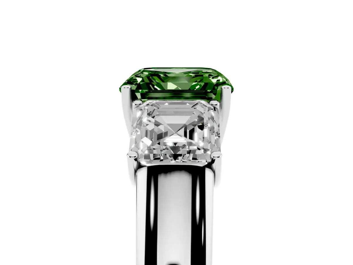 Fancy Green Three-Stone Asscher Cut Cut Diamond Ring with Prong Setting and Classic Band Silver
