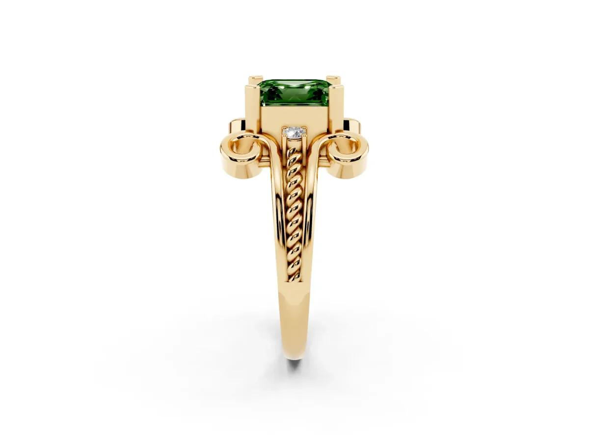 Fancy Green Asscher Cut Solitaire Twisted Band Scroll Prong Ring Yellow gold
