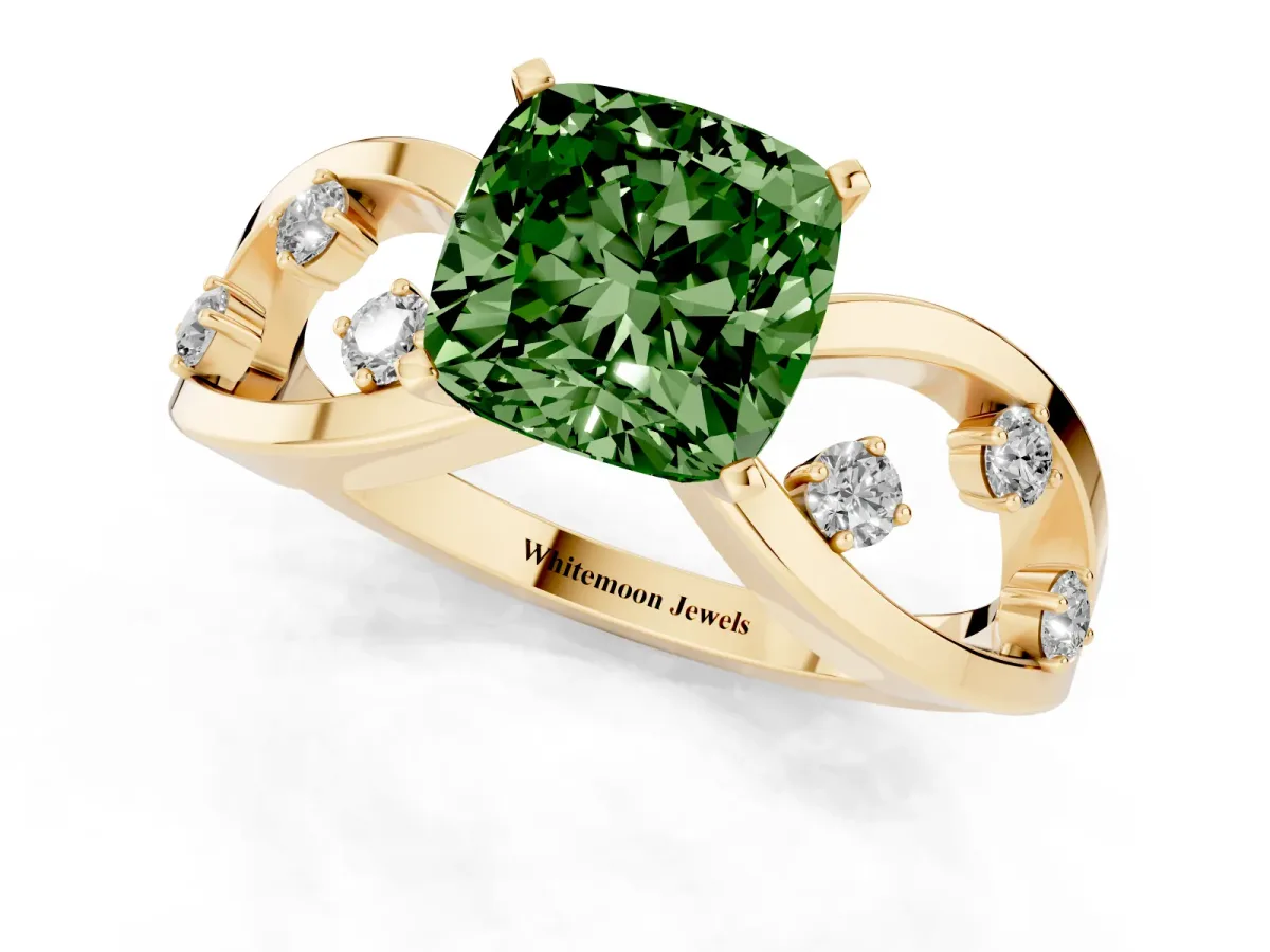 Fancy Green Cushion Cut Cut Solitaire Diamond with Side Stones on Criss-Cross Band and Four-Prong Setting Yellow gold