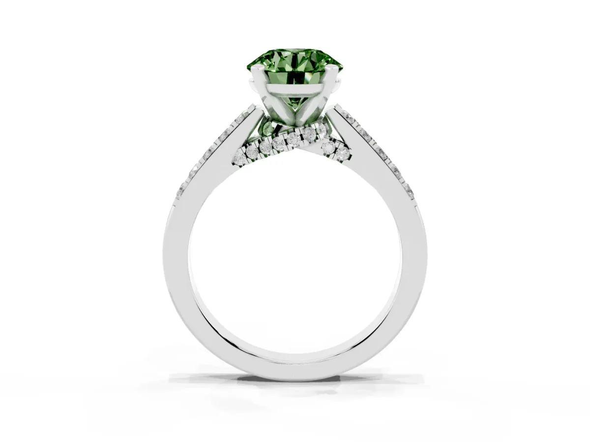 Fancy Green Round Cut Diamond Solitaire Ring with Crossover Gallery and Round Pavé Band Silver