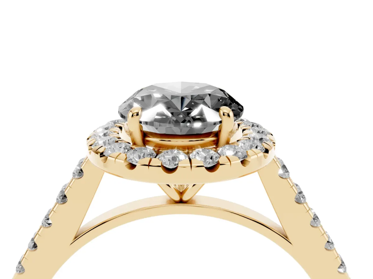 Fancy Black Oval Cut Halo Pave Diamond Engagement Ring with Four-Prong Setting Yellow gold