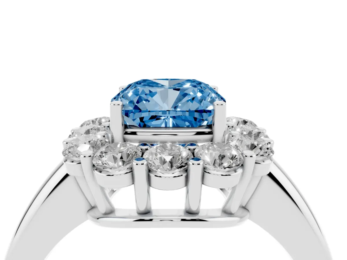 Fancy Blue Cushion Cut Halo Cluster Diamond Engagement Ring with Prong Setting and Polished Band Silver