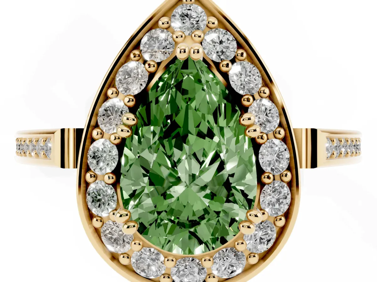 Fancy Green Pear Cut Diamond Halo Ring with Split Shank and Four-Prong Setting Yellow gold