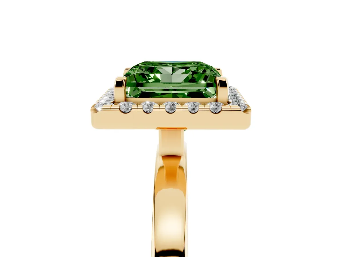 Fancy Green Princess Cut Halo Diamond Solitaire with Pavé Band and Four-Prong Setting Yellow gold