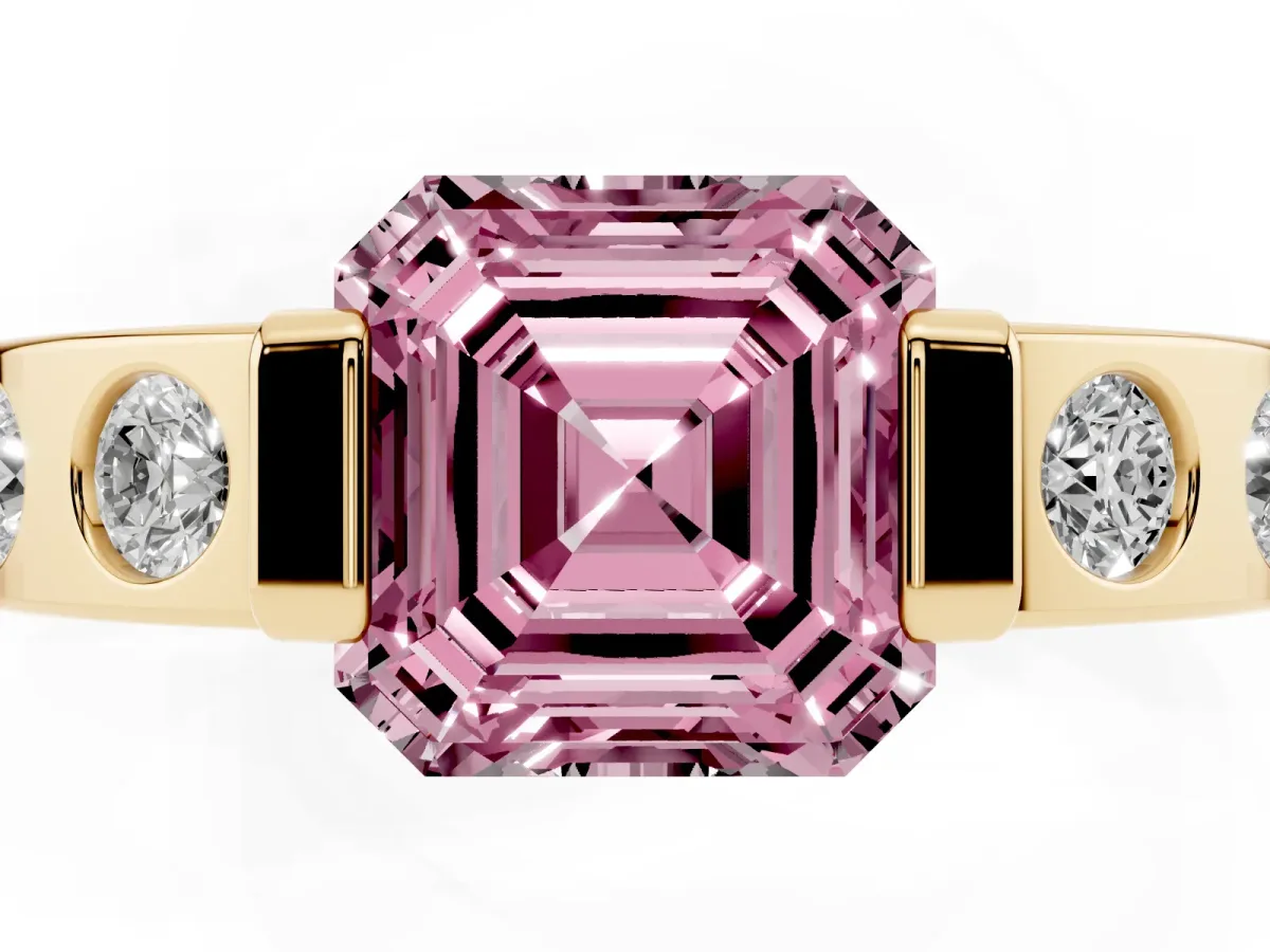 Fancy Pink Asscher Cut Brilliant Channel-Set Diamond Ring with Bezel Prong Setting Yellow gold