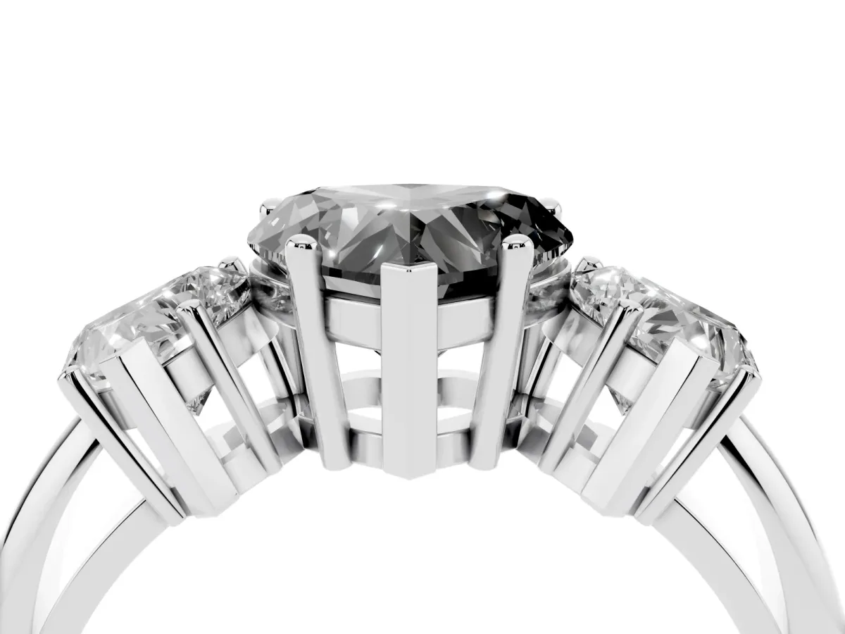 Fancy Black Three-Stone Heart Cut Cut Diamond Engagement Ring with Prong Setting on a White Gold Band Silver