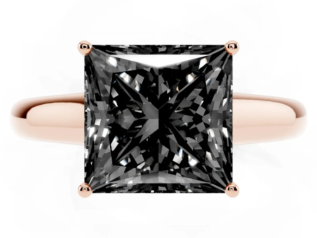 Fancy Black Princess Cut Solitaire Engagement Ring with Tapered Band and Four-Prong Setting Rose gold