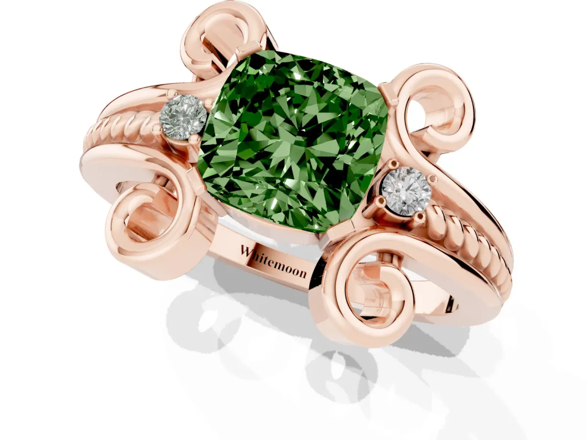 Fancy Green Cushion Cut Solitaire Twisted Band Scroll Prong Ring Rose gold