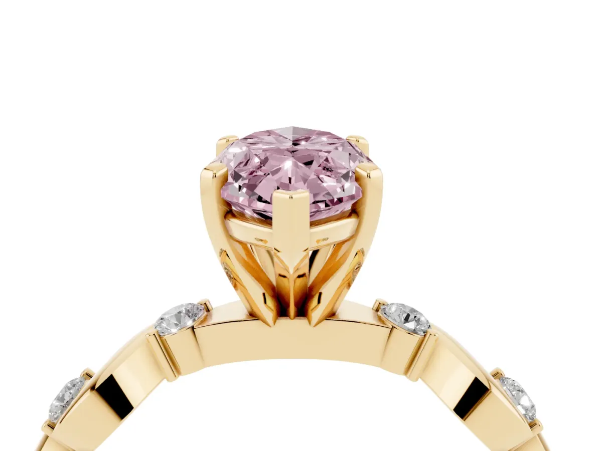 Fancy Pink Marquise Cut Diamond Solitaire Twisted Band with Round Accents and Prong Setting Yellow gold