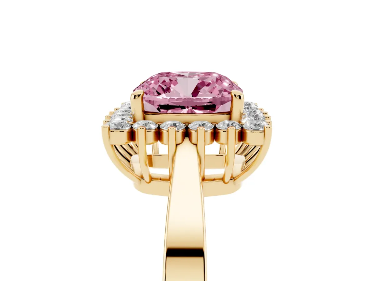 Fancy Pink Cushion Cut Cut Diamond Halo Ring with Round Brilliant Halo and Solitaire Band Yellow gold