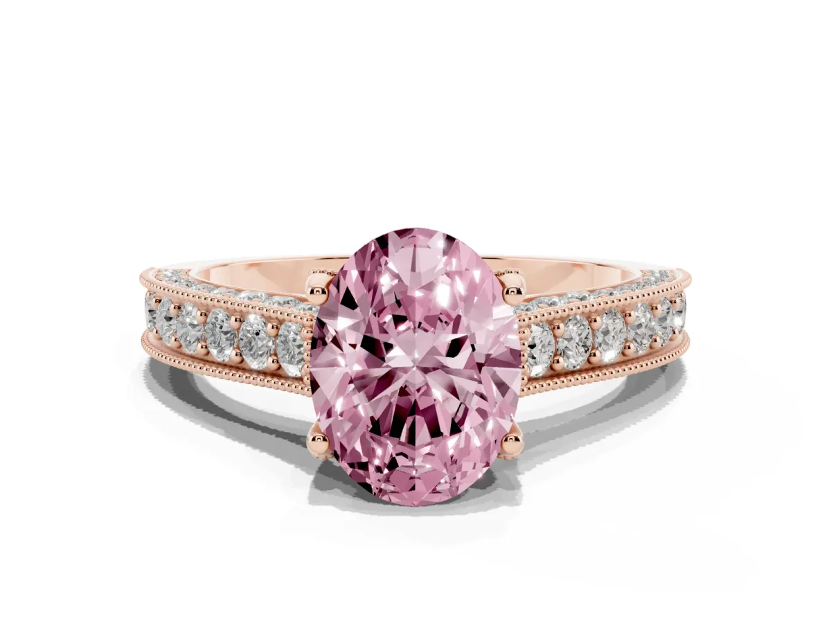 Fancy Pink Oval Cut Cut Diamond Solitaire Ring with Milgrain Pave Band and Four Prong Setting Rose gold