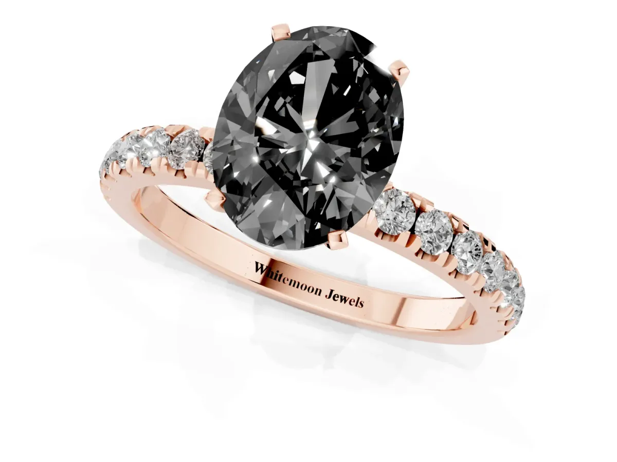 Fancy Black Oval Cut Diamond Solitaire Ring with Pavé Accents and Four-Prong Setting Rose gold