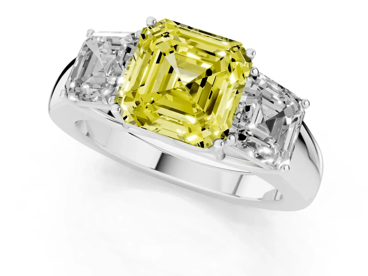 Fancy Yellow Three-Stone Asscher Cut Cut Diamond Ring with Prong Setting and Classic Band Silver