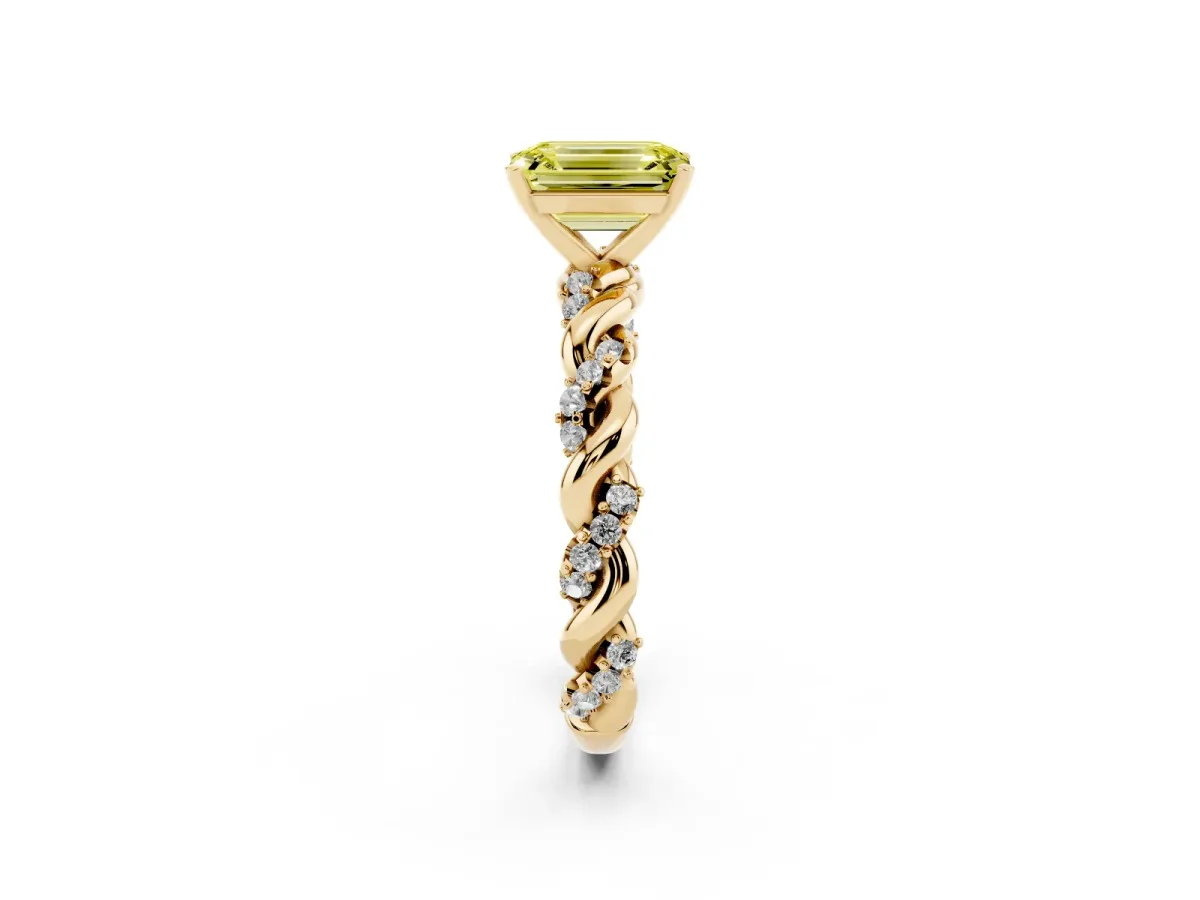 Fancy Yellow Emerald Cut Diamond Solitaire Ring with Twisted Band and Pavé Accents Yellow gold