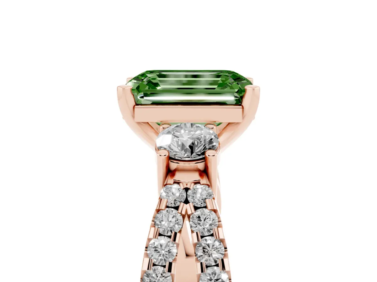 Fancy Green Emerald Cut Diamond Three-Stone Ring with Pavé Split Shank and Four-Prong Setting Rose gold