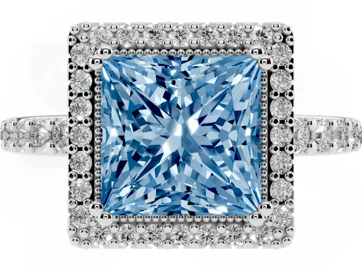 Fancy Blue Princess Cut Cut Diamond Halo Engagement Ring with Milgrain Detail and Pavé Band Platinum