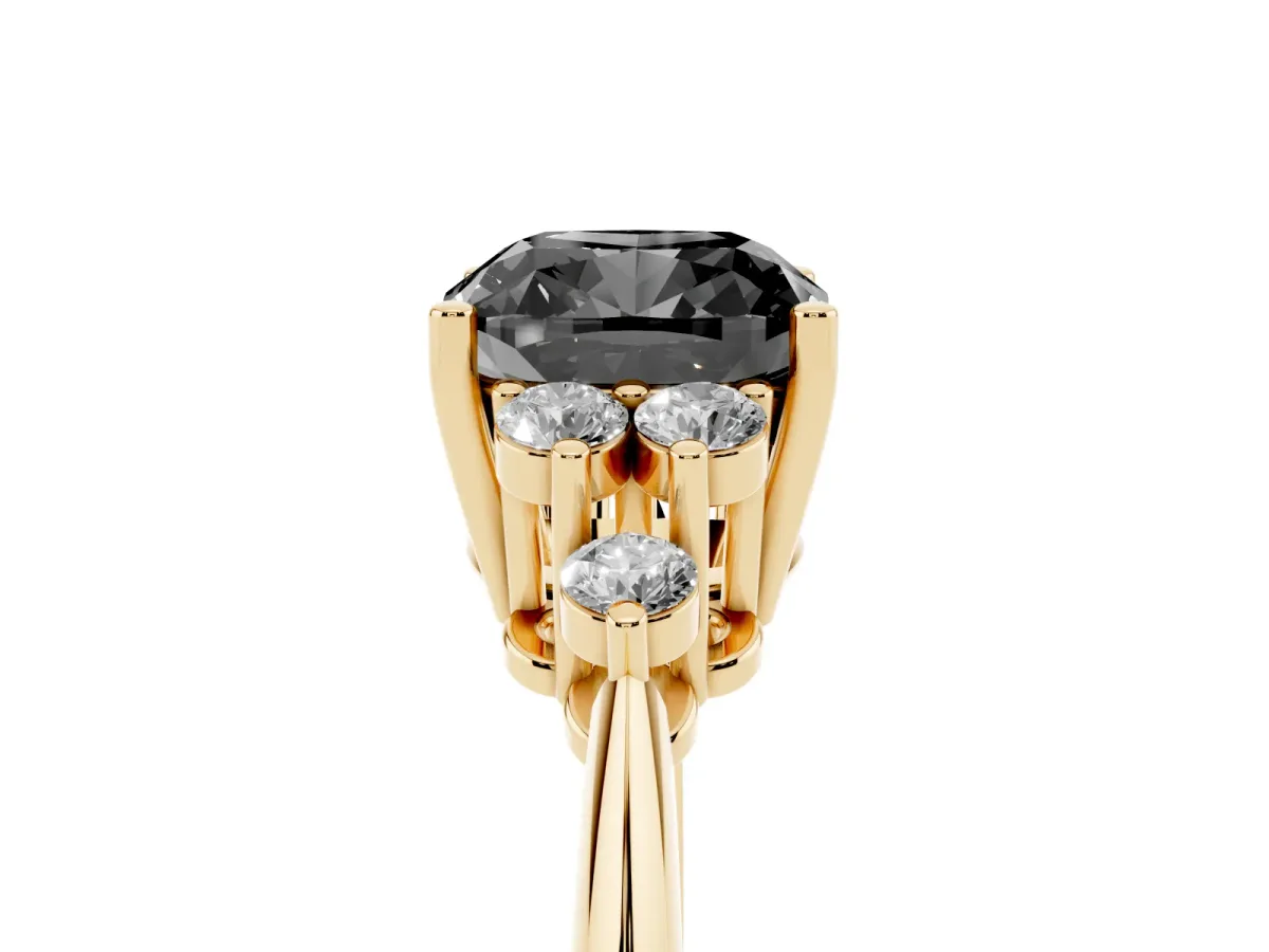 Fancy Black Cushion Cut Cut Diamond Cluster Ring with Solitaire Band and Four-Prong Setting Yellow gold