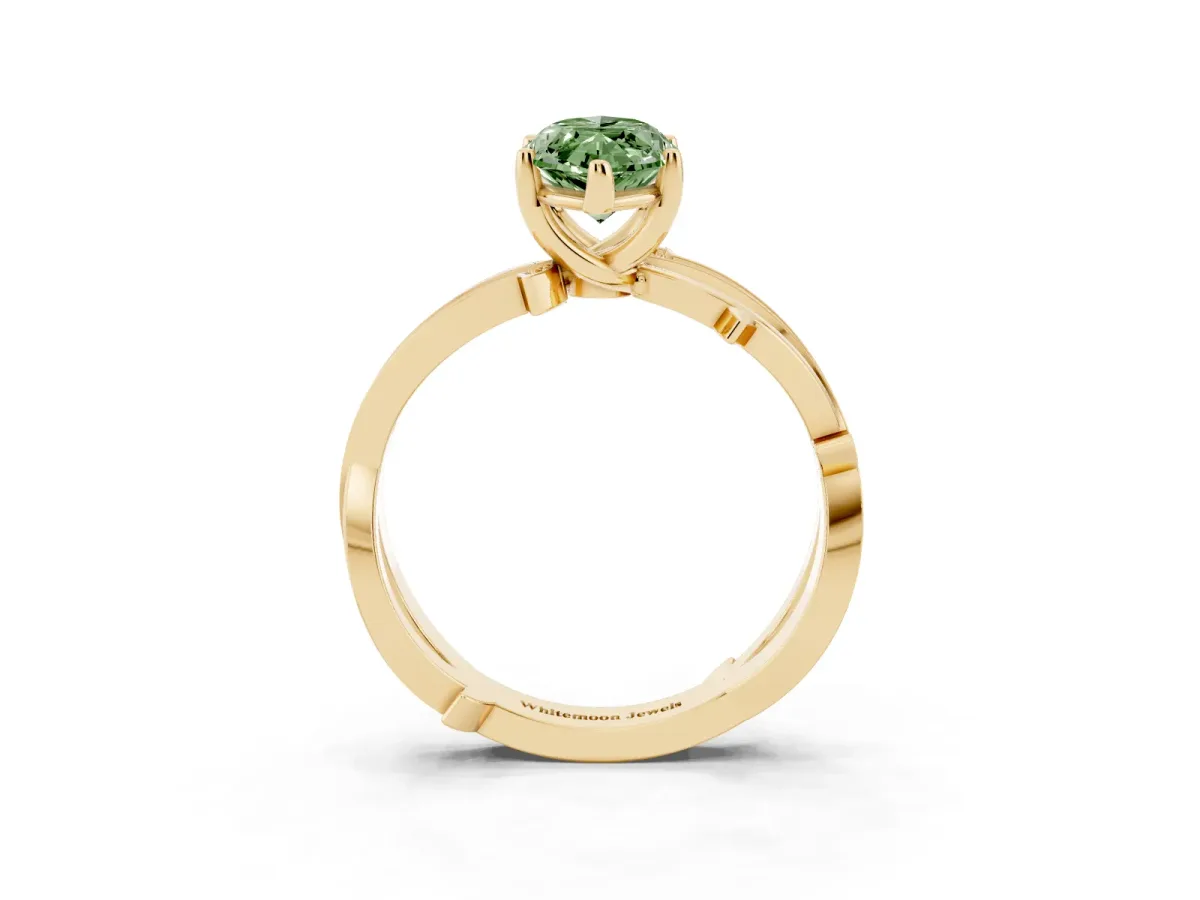 Fancy Green Marquise Cut Solitaire Twist Band with Pavé Accents and Four-Prong Setting Yellow gold