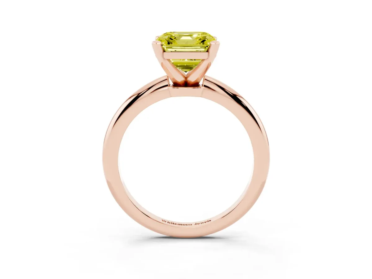 Fancy Yellow Asscher Cut Diamond Solitaire Ring with Prong Setting and Classic Band Rose gold