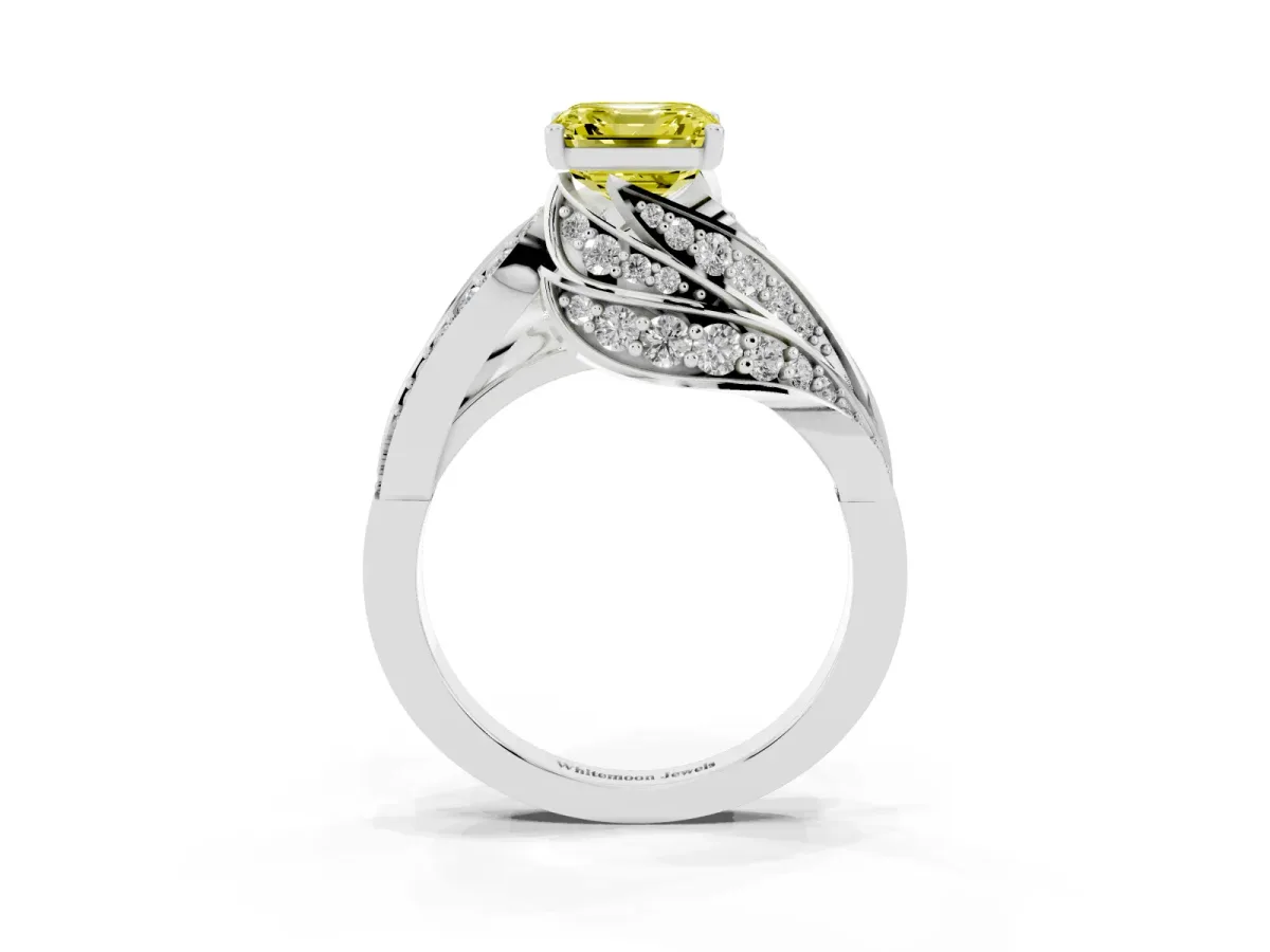 Fancy Yellow Asscher Cut Diamond Solitaire Ring with Prong Setting and Twisted Pavé Band Silver