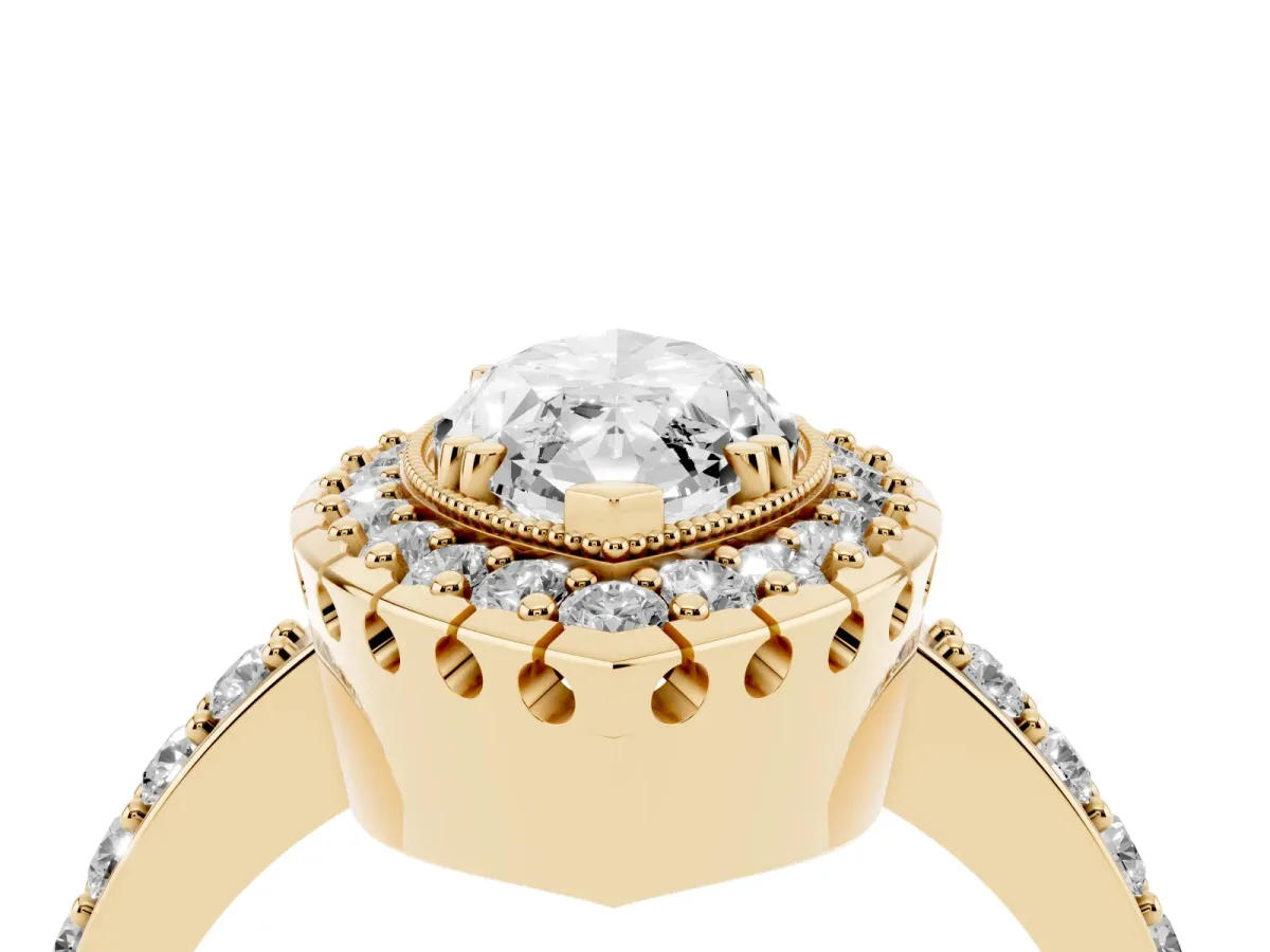 Marquise Cut Diamond Halo Ring with Pavé Band and Prong Setting Yellow gold
