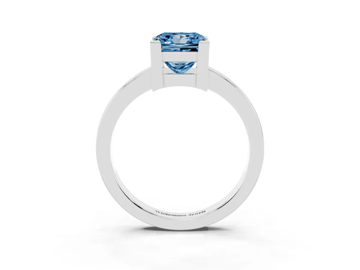 Fancy Blue Princess Cut Cut Solitaire Ring with Four-Prong Setting and Classic Band Silver