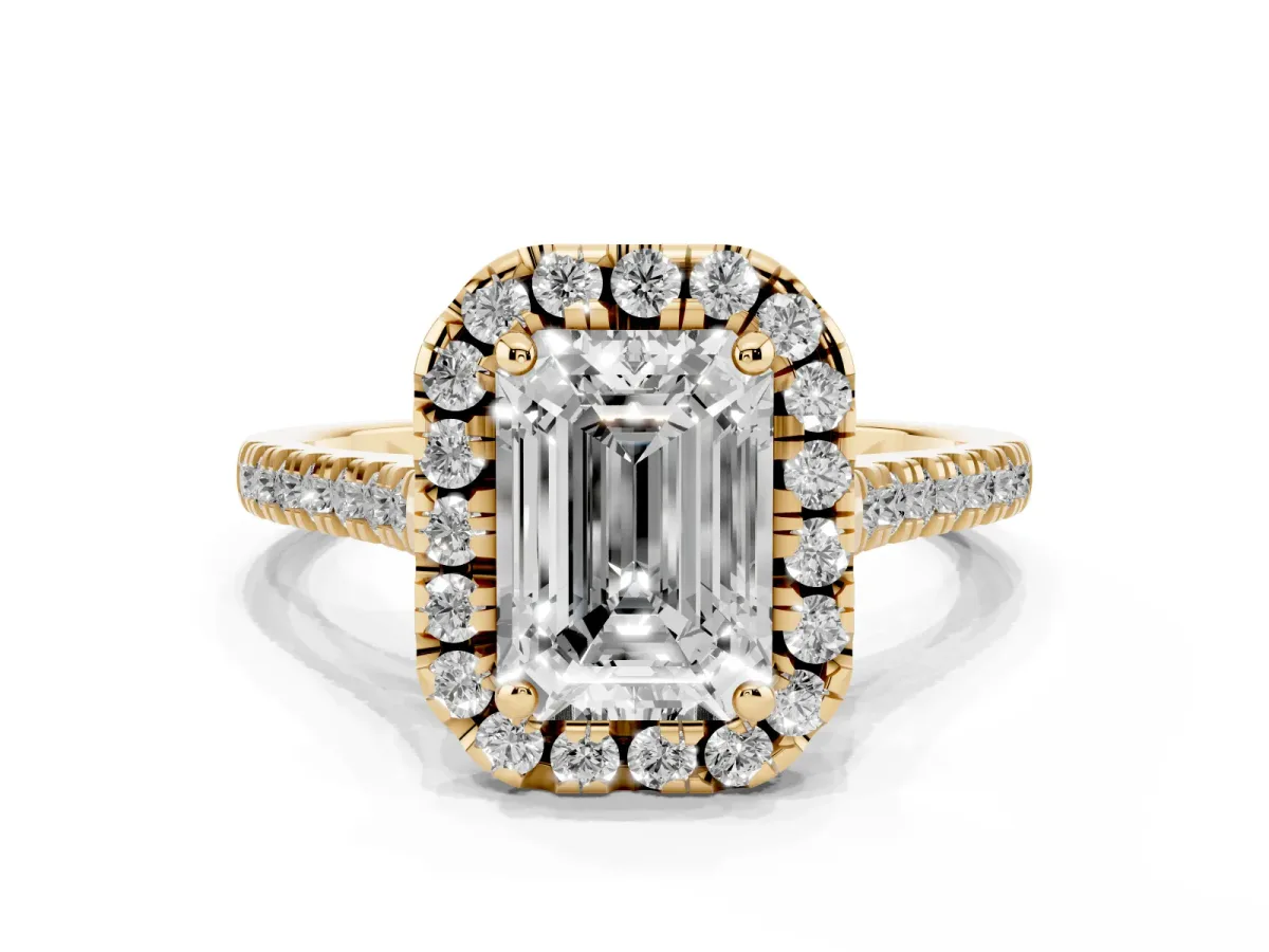Emerald Cut Diamond Cushion Halo Ring with Pavé Band Yellow gold