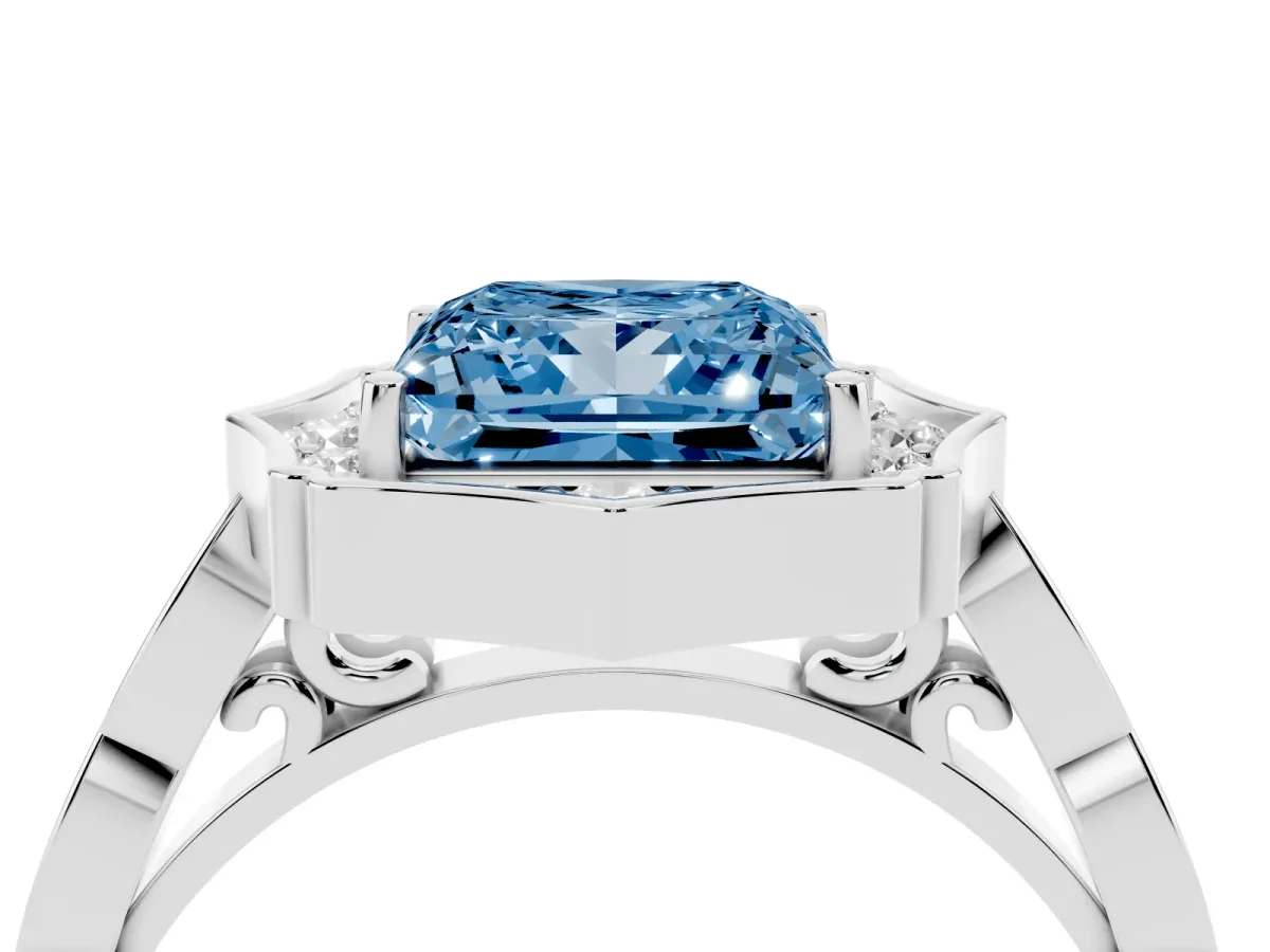 Fancy Blue Princess Cut Halo Diamond Engagement Ring with Milgrain Band and Four-Prong Setting Platinum