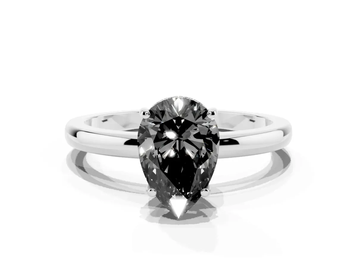 Fancy Black Pear Cut Solitaire Diamond Ring with Prong Setting and Plain Band Silver