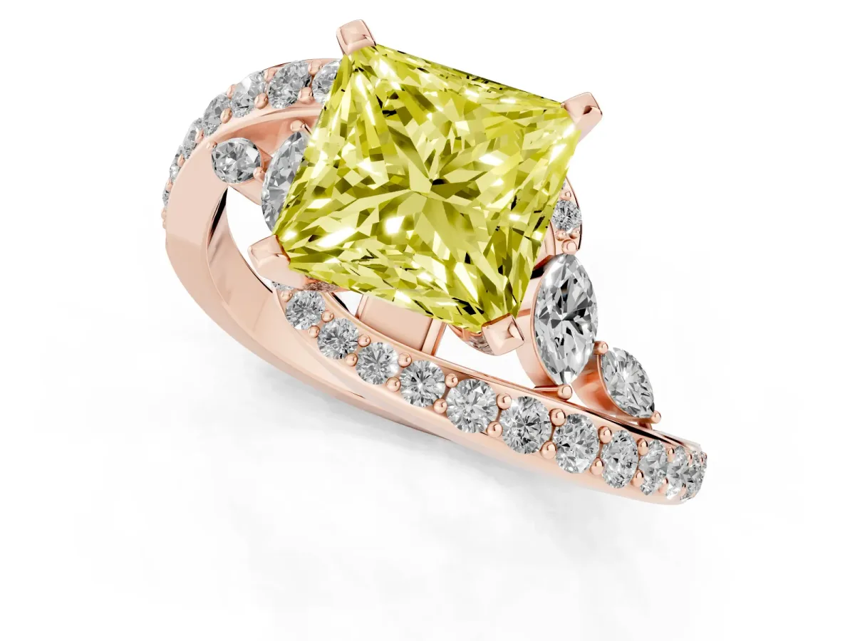 Fancy Yellow Princess Cut Solitaire with Pavé Twist Band and Four-Prong Setting Rose gold