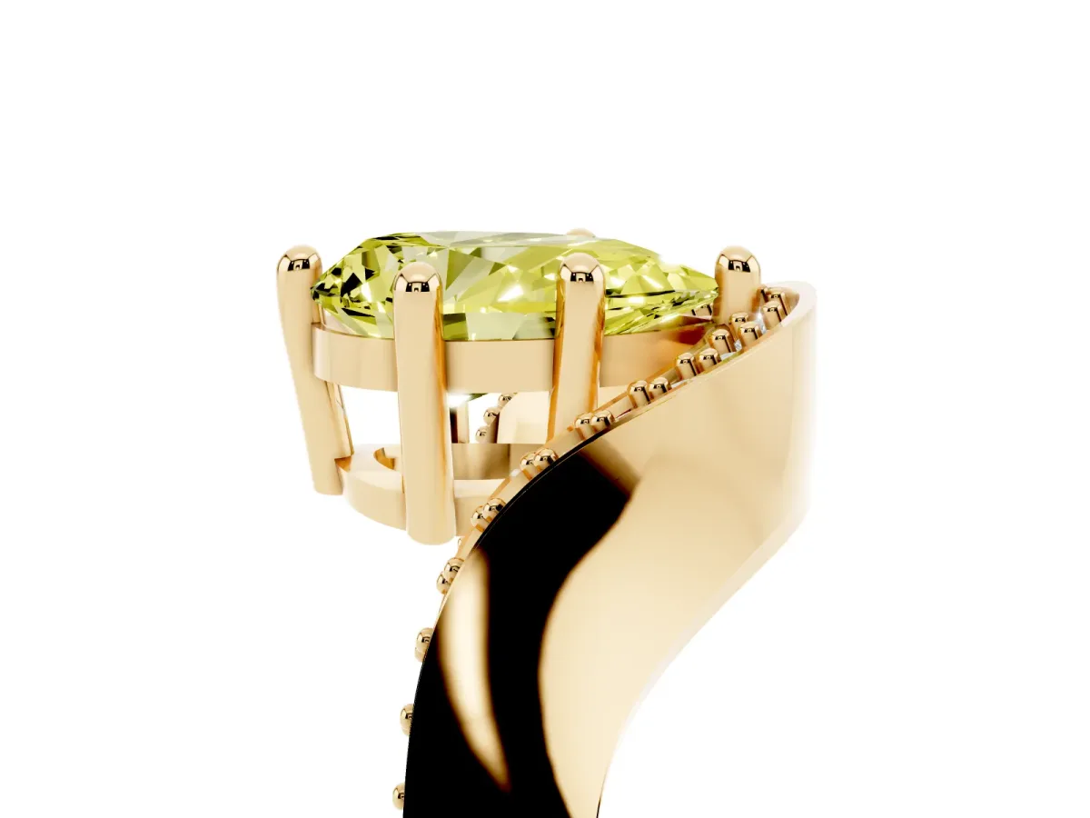 Fancy Yellow Pear Cut Solitaire Diamond Engagement Ring with Pave Band and Four-Prong Setting Yellow gold
