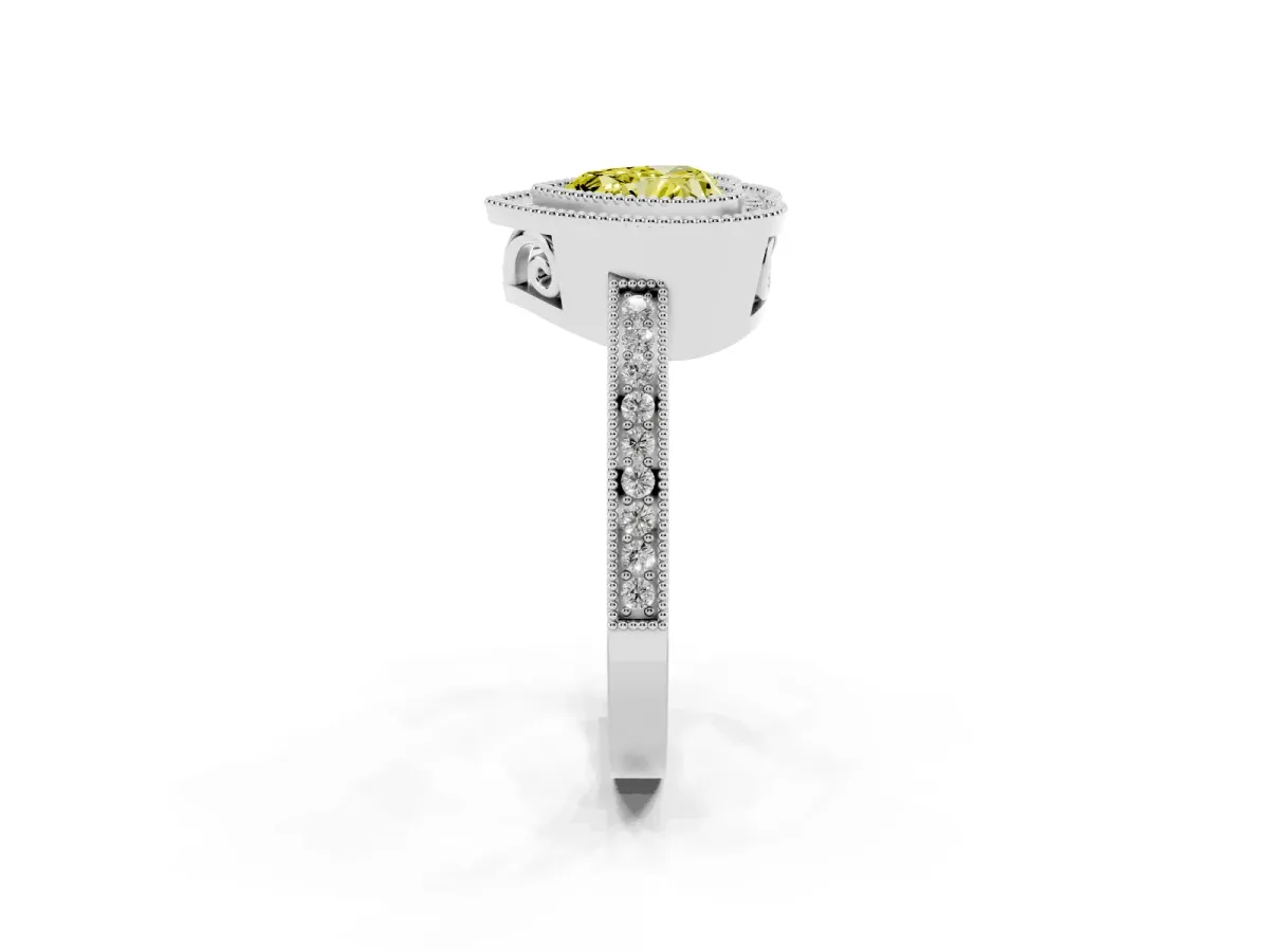 Fancy Yellow Heart Cut Cut Halo Diamond Ring with Pavé Band and Milgrain Prong Setting Platinum