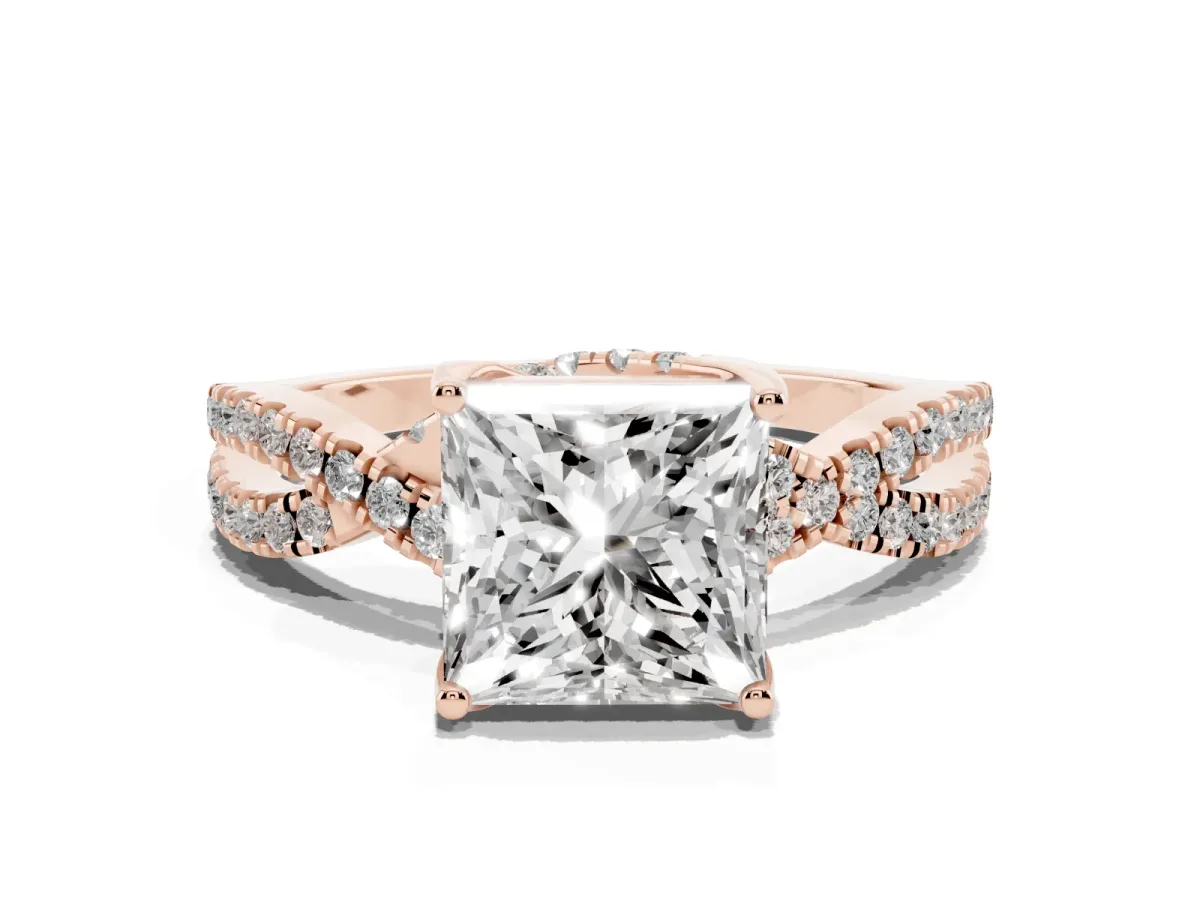 Princess Cut Solitaire Twist Pave Diamond Engagement Ring with Prong Setting Rose gold