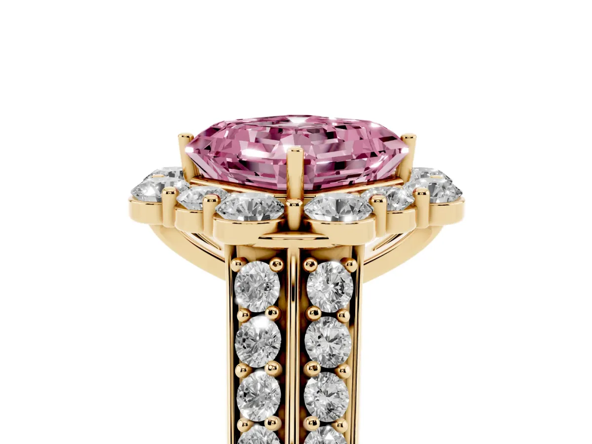 Fancy Pink Asscher Cut Halo Diamond Engagement Ring with Split Shank and Prong Setting Yellow gold