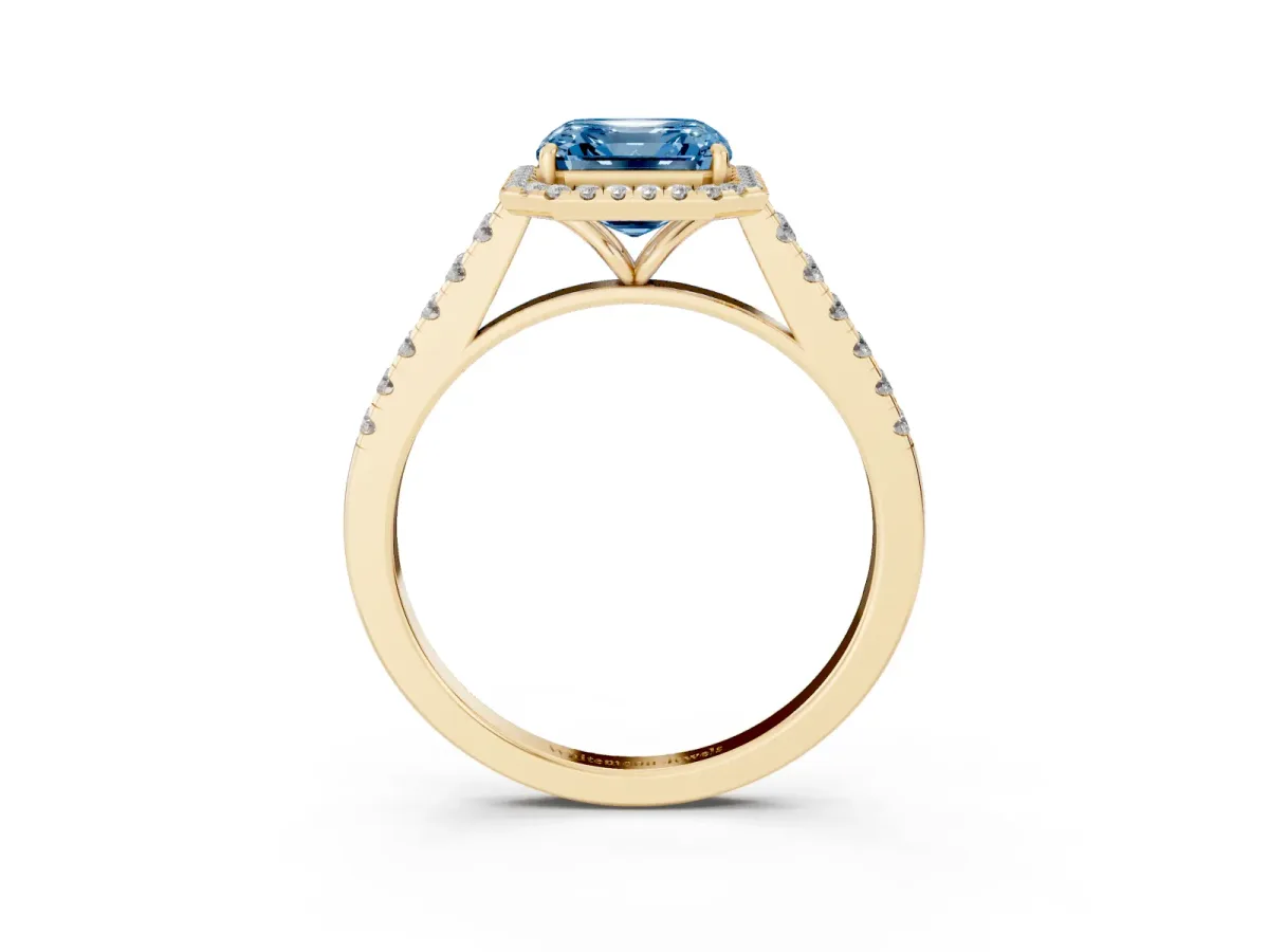 Fancy Blue Asscher Cut Halo Pave Diamond Engagement Ring with Four-Prong Setting Yellow gold