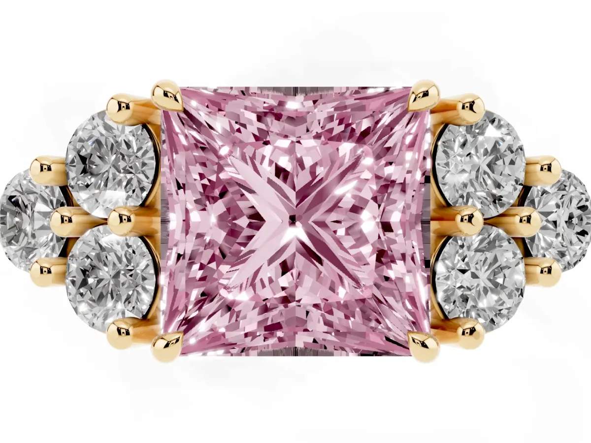 Fancy Pink Princess Cut Brilliant Diamond Cluster Accent Solitaire Ring with Prong Setting Yellow gold