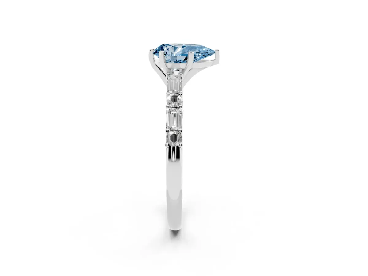 Fancy Blue Pear Cut Diamond Solitaire with Side Baguettes and Channel Set Band Silver