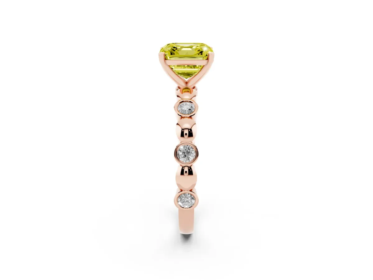 Fancy Yellow Asscher Cut Solitaire Bezel-Set Diamond Ring with Beaded Band and Four-Prong Setting Rose gold
