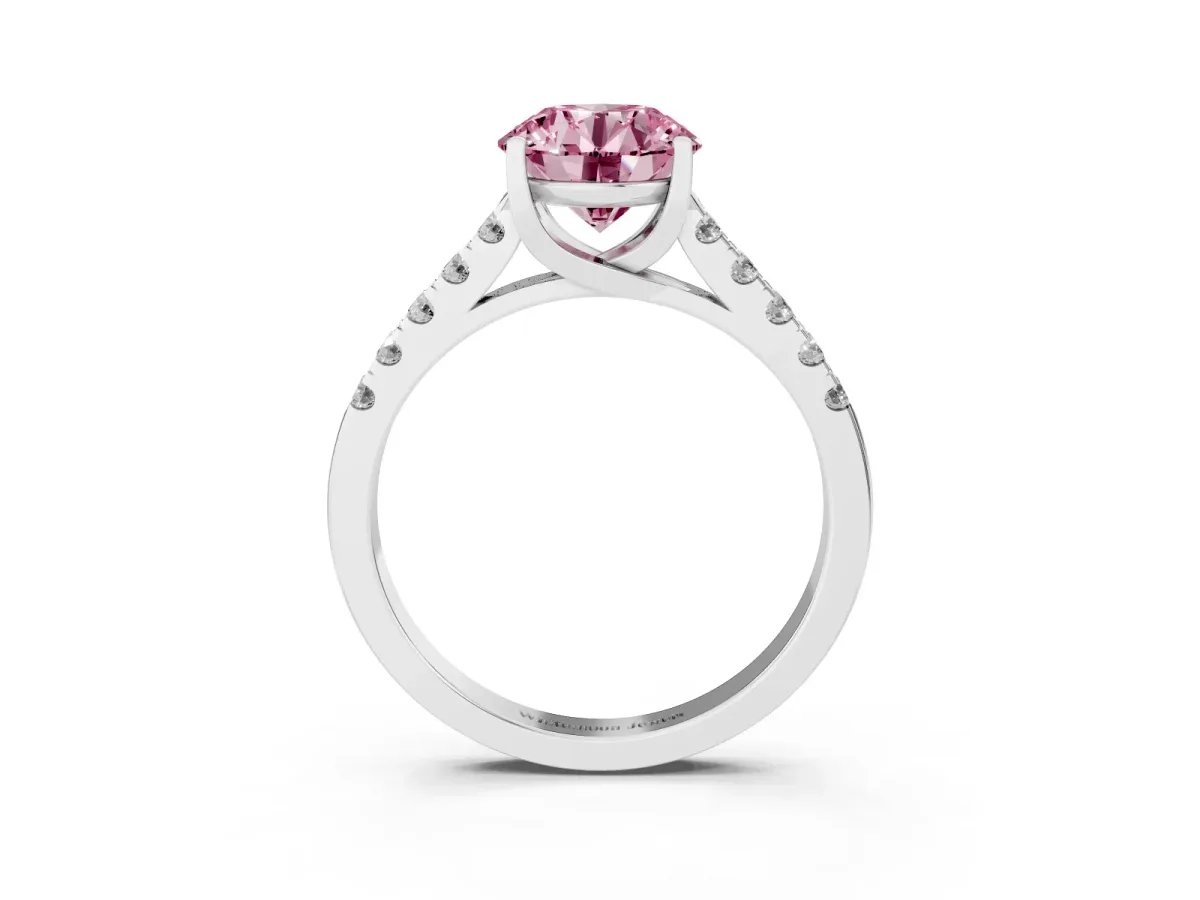 Fancy Pink Round Cut Diamond Pavé Band Solitaire Ring with Prong Setting Platinum