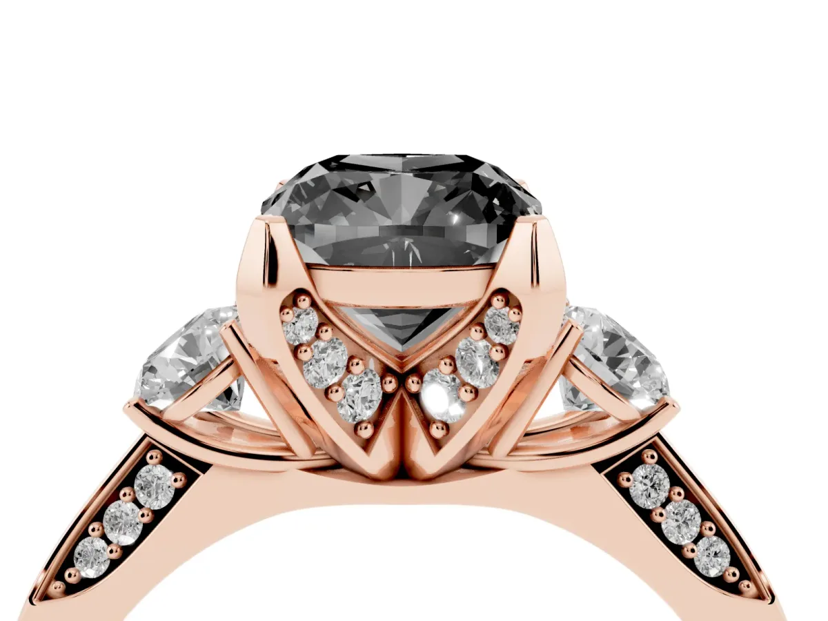 Fancy Black Cushion Cut Brilliant Three-Stone Diamond Ring with Pavé Band and Four-Prong Setting Rose gold
