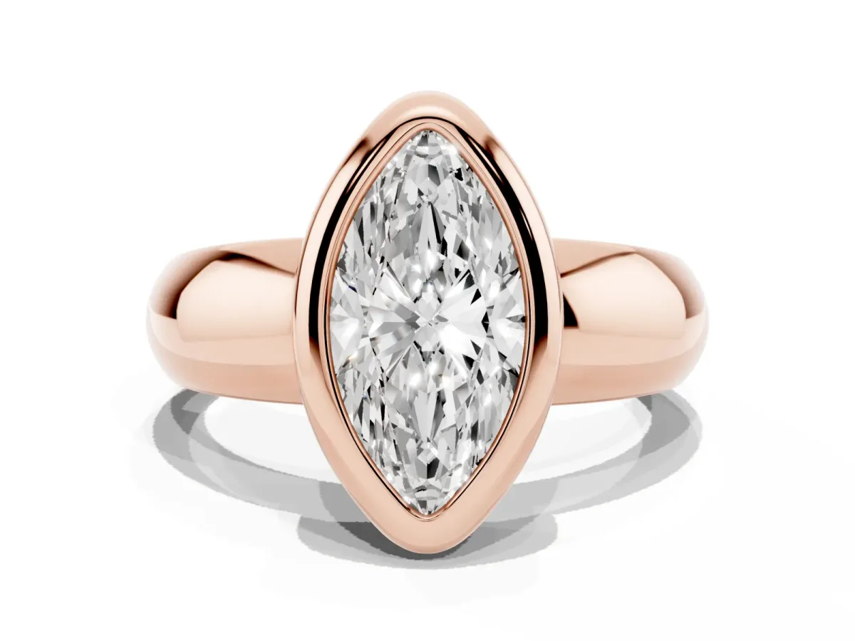 Bezel Set Marquise Cut Solitaire Ring with Wide Band Rose gold