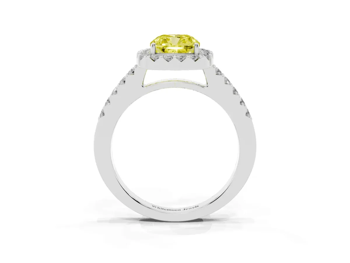 Fancy Yellow Cushion Cut Halo Diamond Pavé Solitaire Ring Platinum