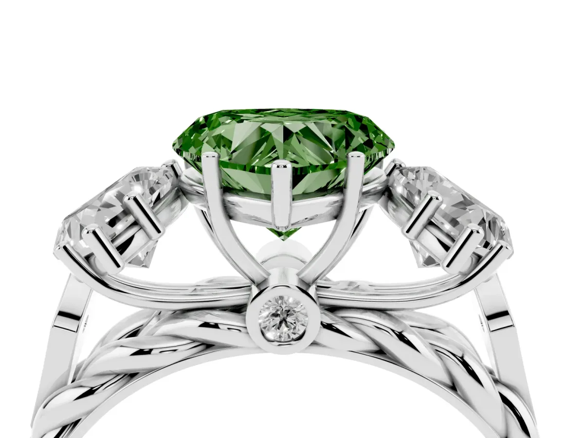 Fancy Green Three-Stone Heart Cut Diamond Braided Band Ring with Four-Prong Setting Silver