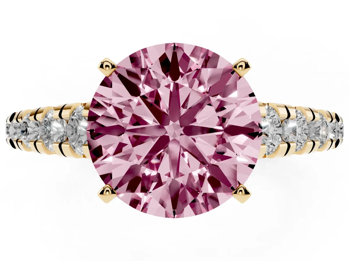 Fancy Pink Round Cut Diamond Cathedral Solitaire Ring with Round Pavé Band Yellow gold