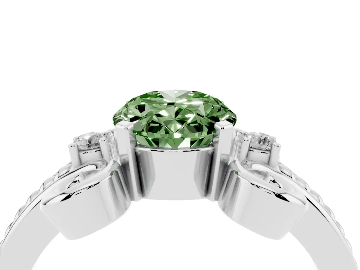Fancy Green Oval Cut Solitaire Twisted Band Scroll Prong Ring White gold
