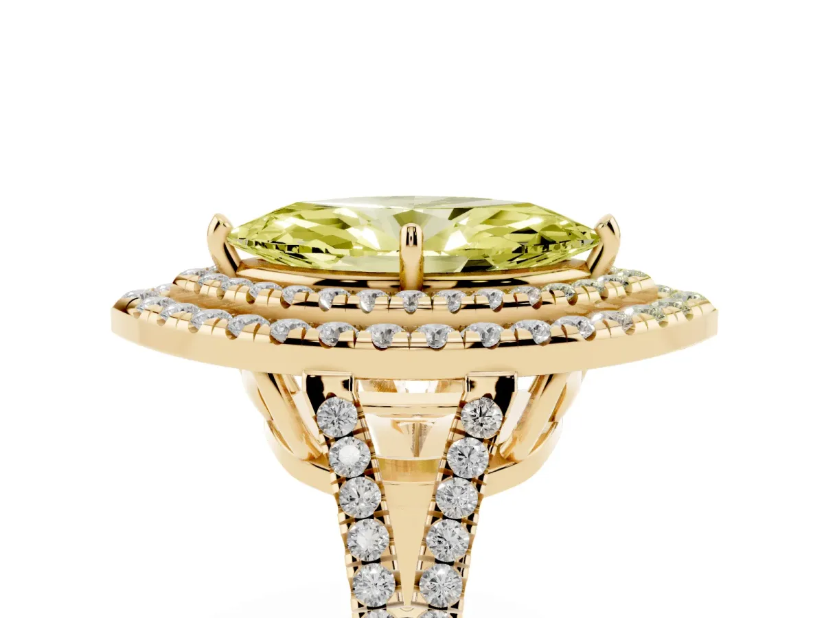 Fancy Yellow Marquise Cut Diamond Double Halo Ring with Pavé Band and Prong Setting Yellow gold