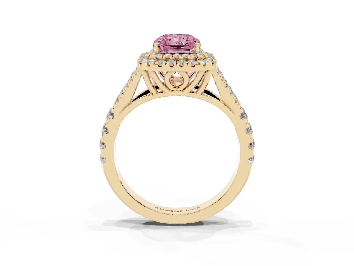 Fancy Pink Radiant Cut Diamond Double Halo Ring with Split Shank and Prong Setting Yellow gold