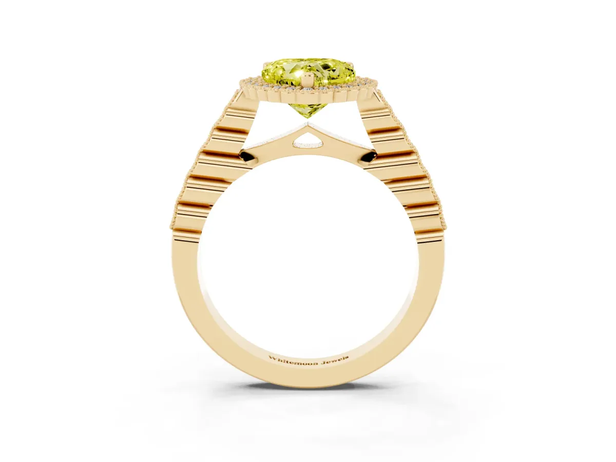 Fancy Yellow Heart Cut Cut Halo Pavé Solitaire Ring with Milgrain Band Yellow gold