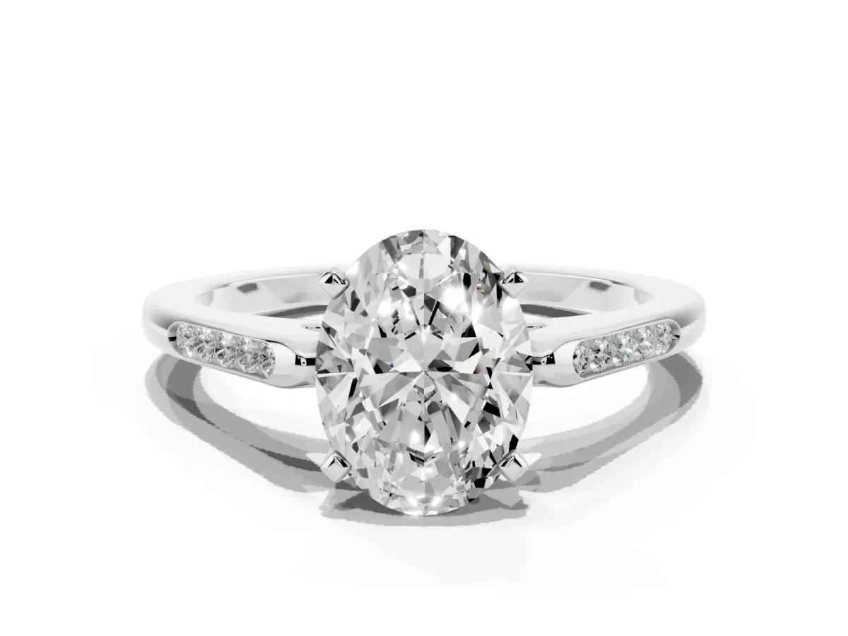 Oval Cut Diamond Solitaire Ring with Channel Set Round Band and Prong Setting Silver
